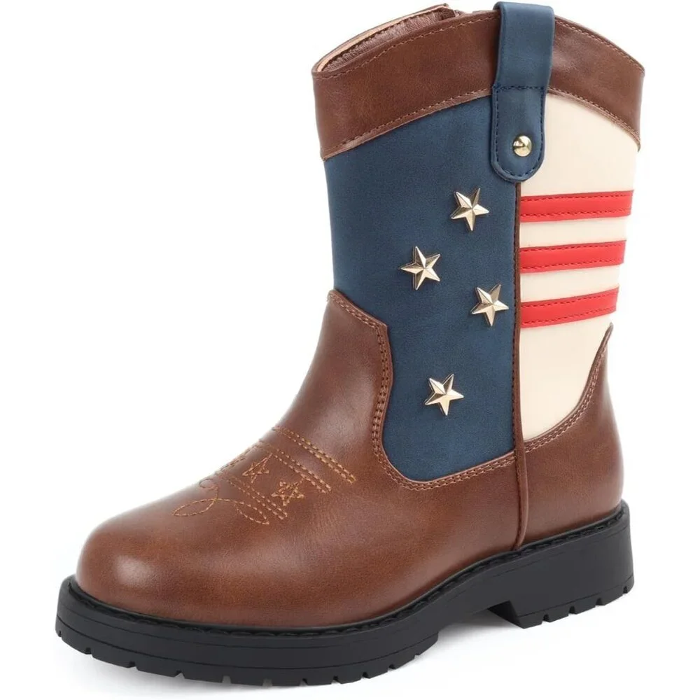 ⚡Girls Brown Synthetic Side Zipper Wide Calf Square Toe Kids Cowgirl Boots